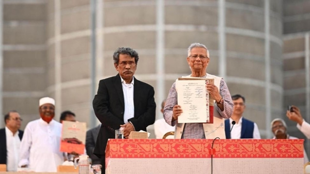 Chief Adviser Professor Muhammad Yunus spoke as the chief guest at the signing ceremony of the July National Charter-2025 at the South Plaza of the Jatiya Sangsad Bhaban today afternoon.